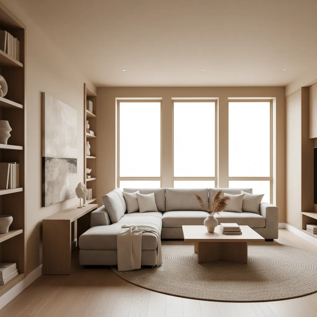 Salón moderno con paredes beige cálido y muebles contemporáneos