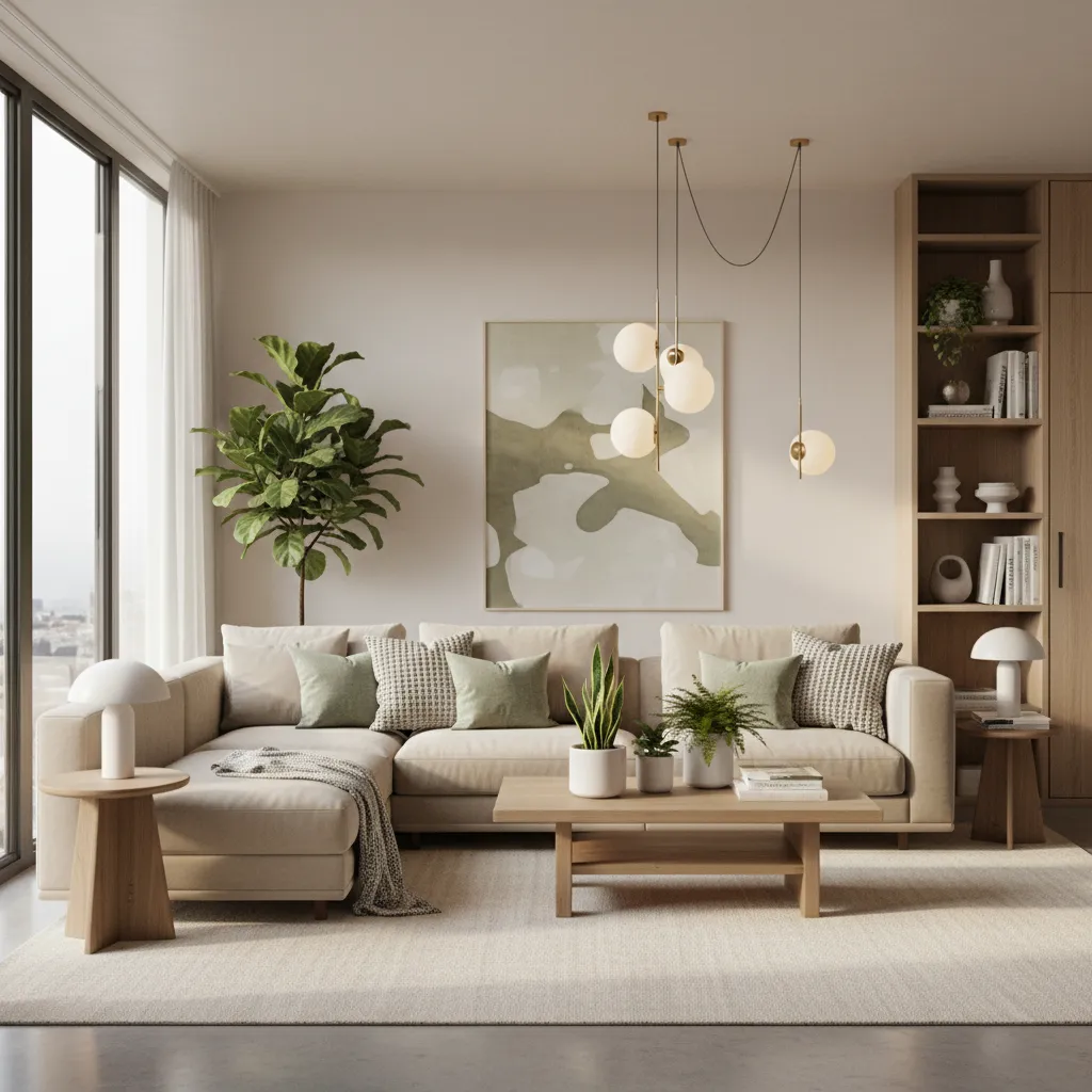 Salón contemporáneo con combinación de colores neutros y acentos verdes