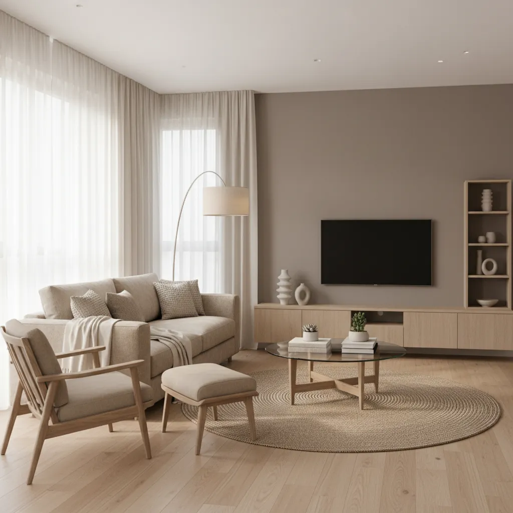 Salón moderno con paleta de colores neutros y madera clara