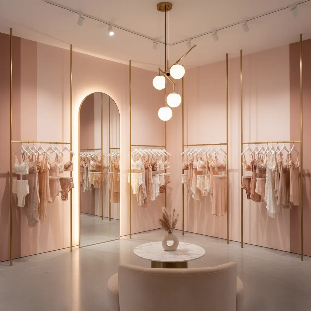 Interior de tienda de ropa interior con paredes en tonos nude y rosa