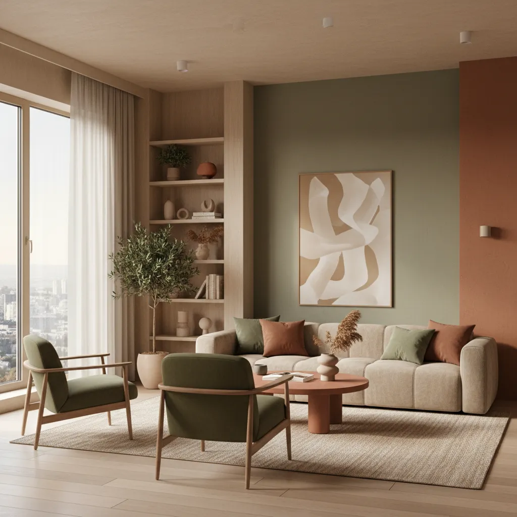 Earthy living room with beige sofa green armchairs wooden bookshelf plant and large glass window