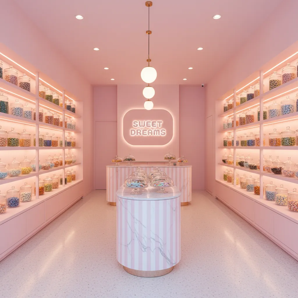 Interior de tienda de dulces con paleta de colores rosa y blanco