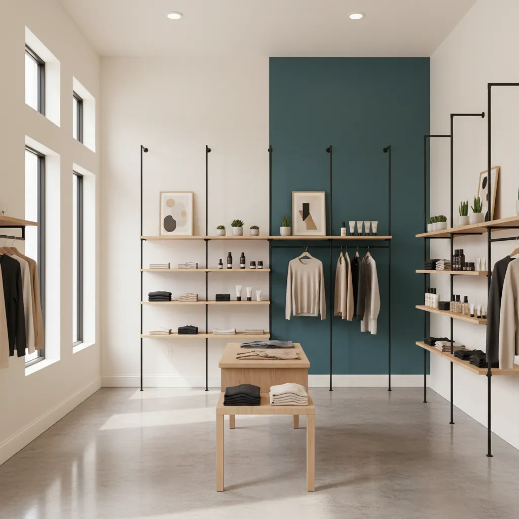 tienda pequeña con paredes claras y color acento al fondo