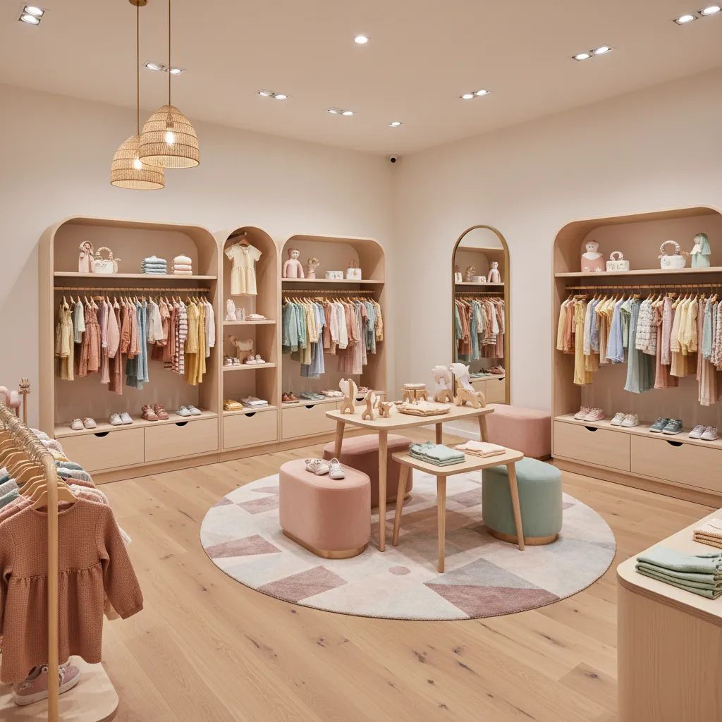Interior de tienda infantil con colores pastel y base neutra