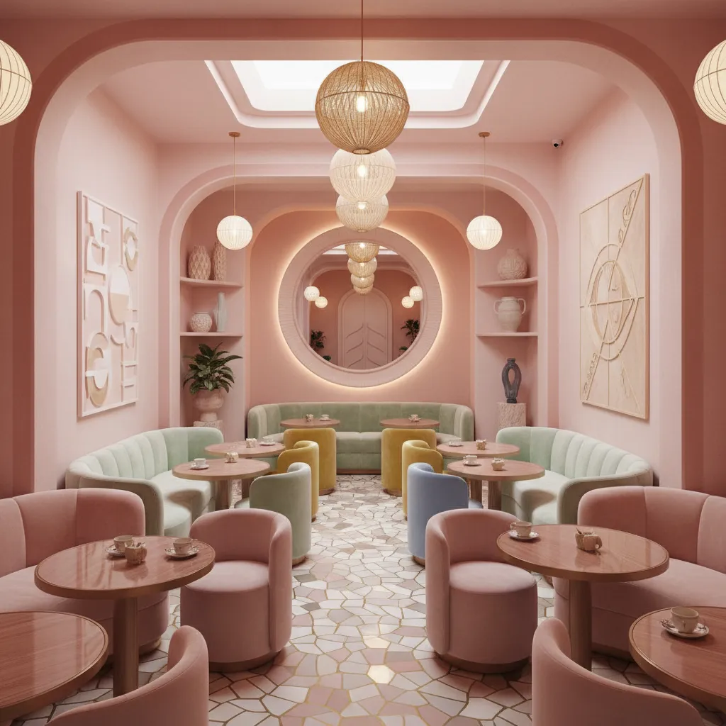 Interior colorido con formas suaves inspirado en el estilo de India Mahdavi