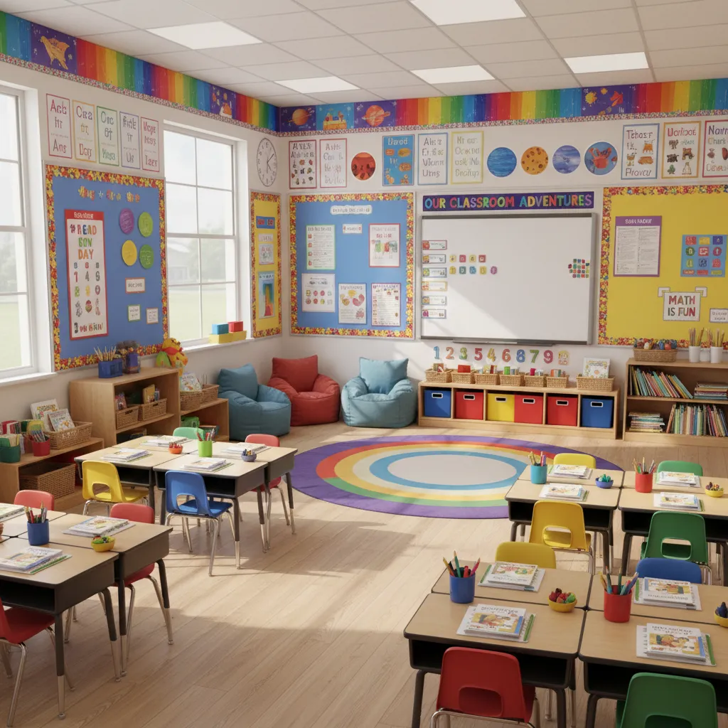 bright colorful elementary classroom with posters and decorations