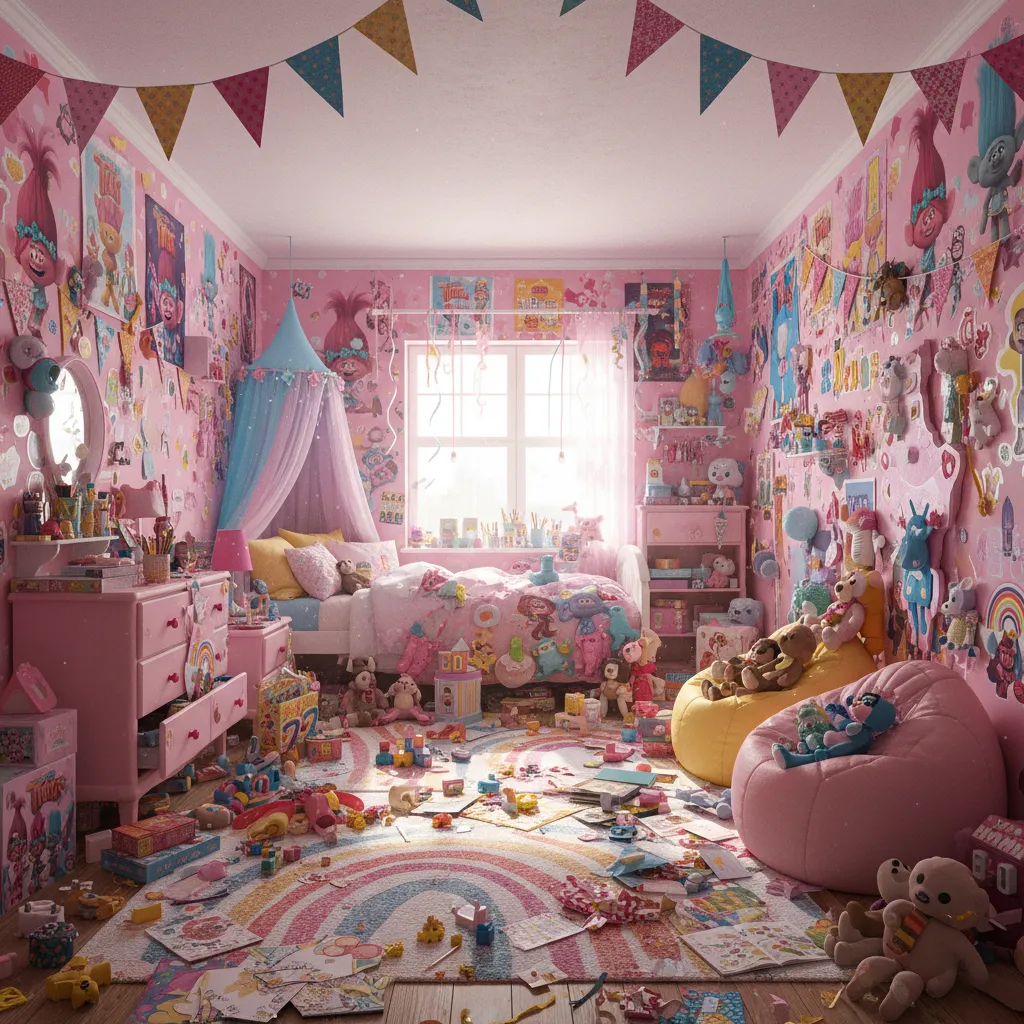 Kids bedroom with too many bright trolls colors and decorations creating visual clutter