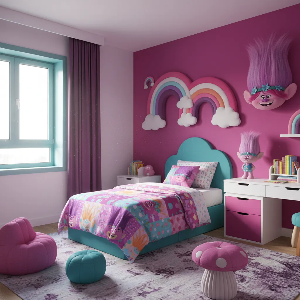 Bright trolls themed kids bedroom with rainbow decor and colorful wall accents