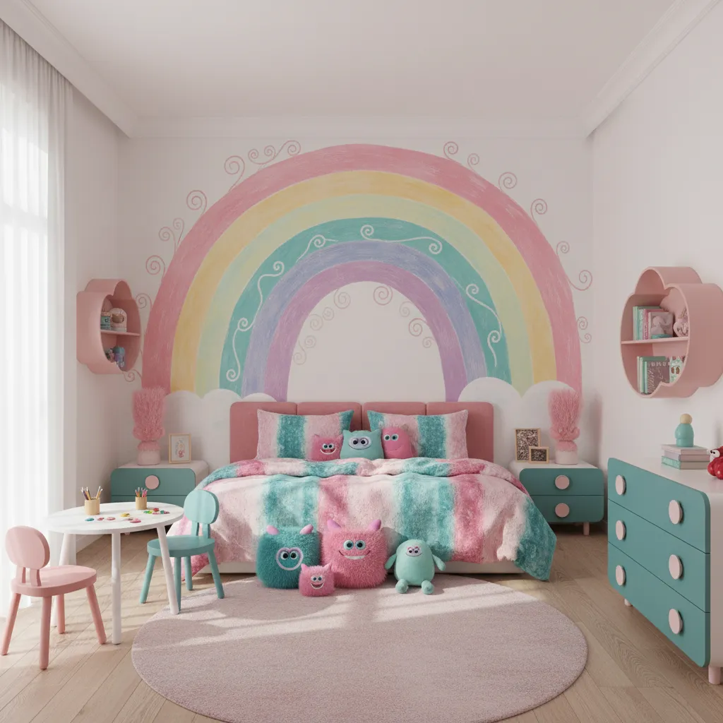 Bright Trolls themed kids bedroom with rainbow wall decor and playful furniture
