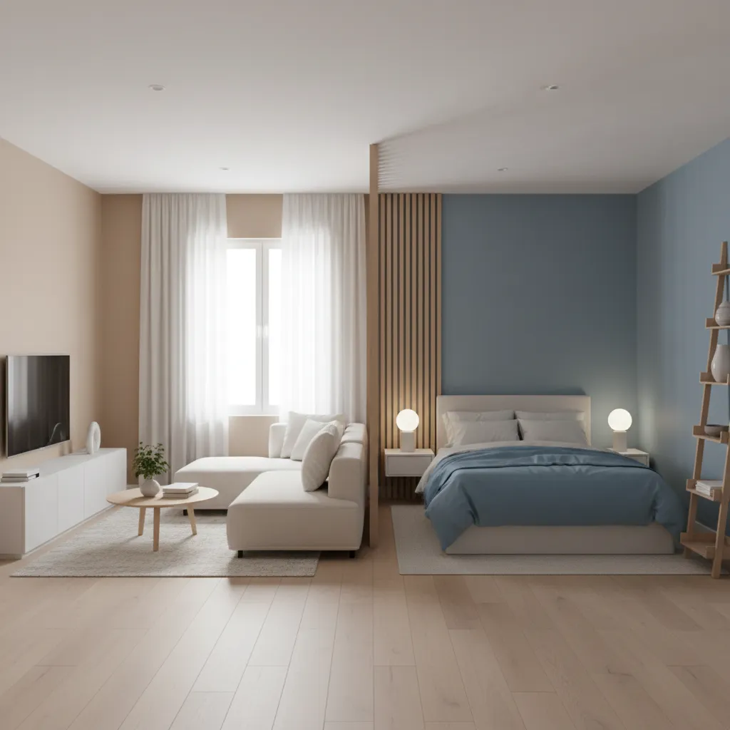 studio apartment showing colour zoning between living and sleeping areas