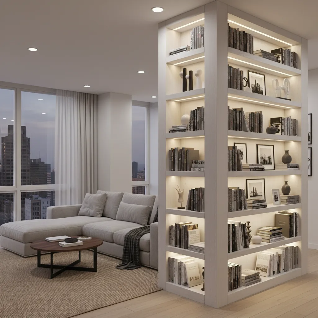 Structural column wrapped with built in shelves for storage