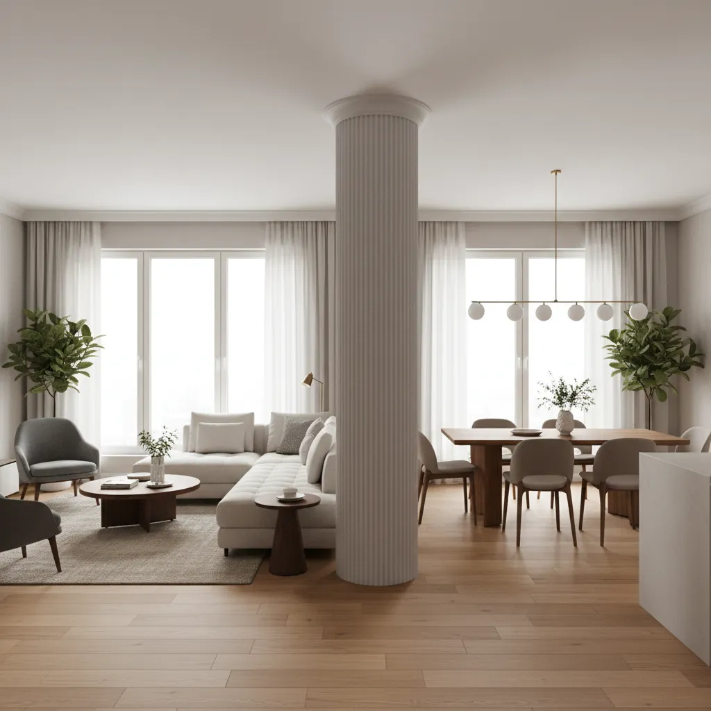 Living room column dividing lounge area and dining space