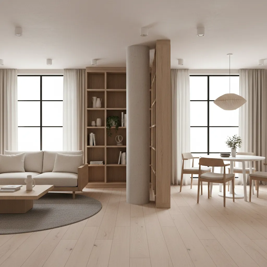 modern interior where a structural column is integrated into shelving and partition design