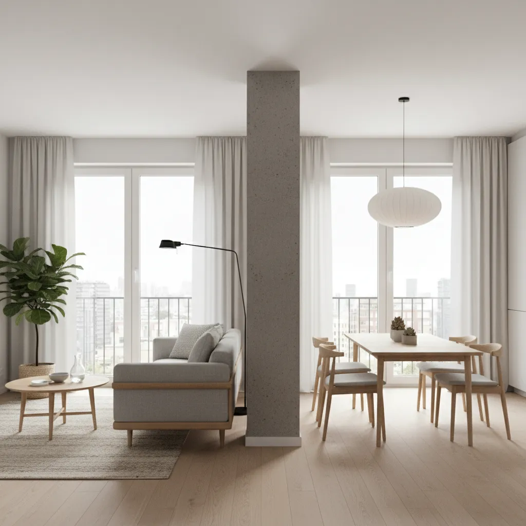 Structural column used as subtle divider between living and dining areas