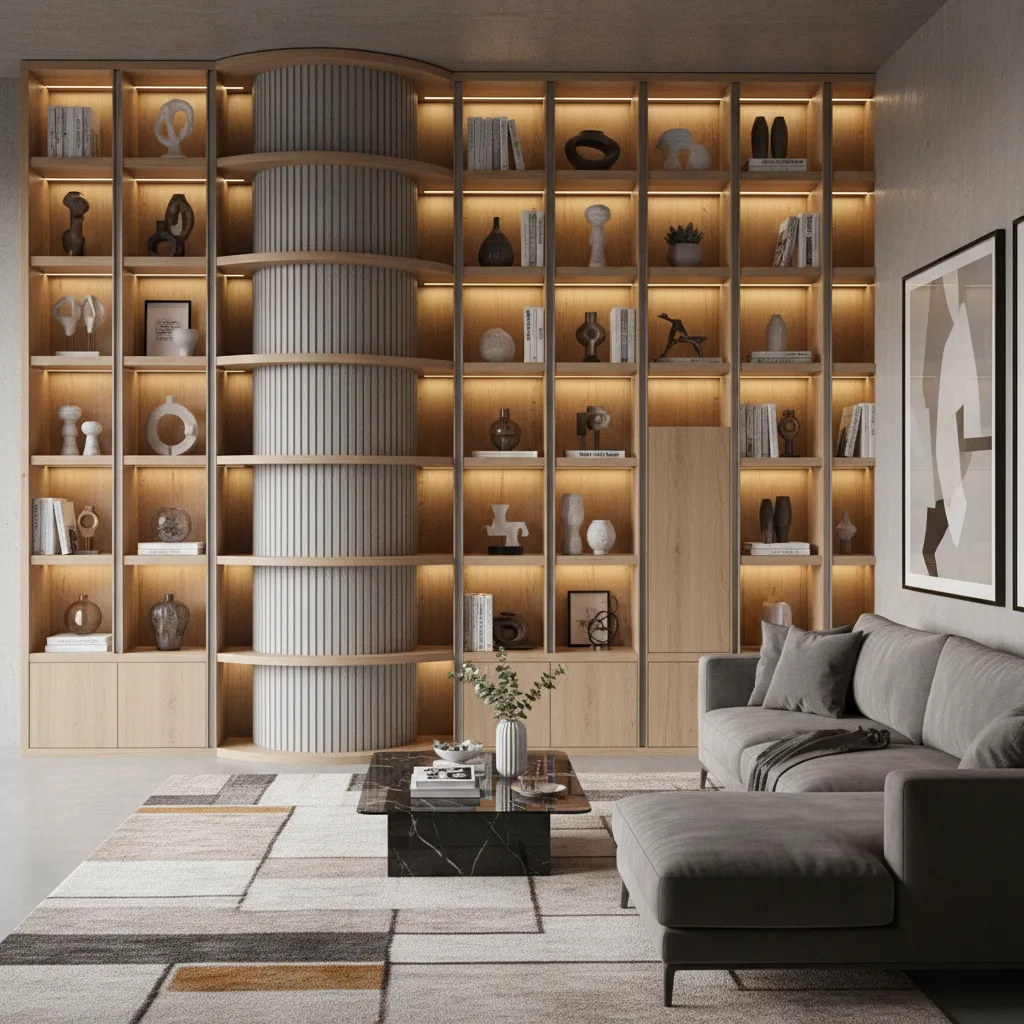 Columna integrada dentro de una estantería moderna