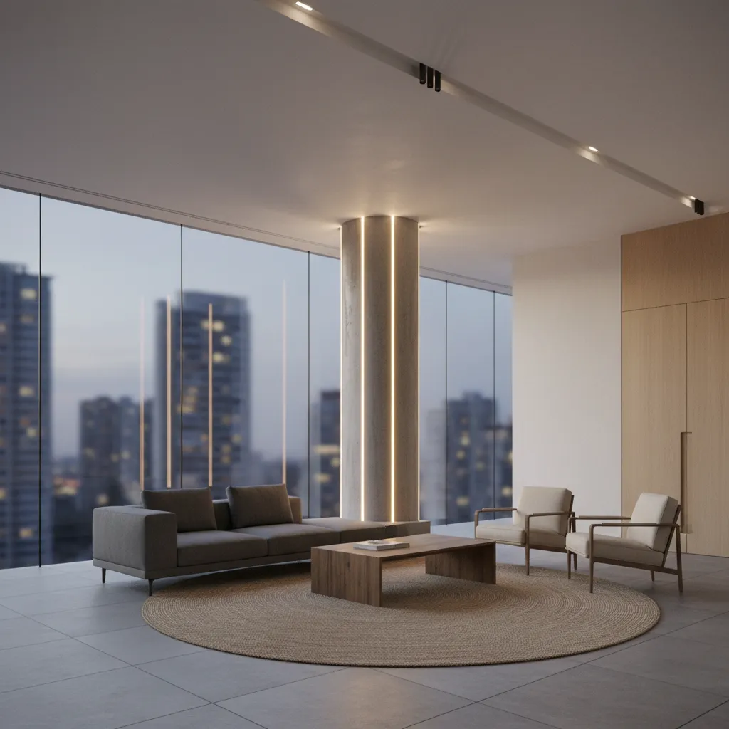 Columna redonda iluminada con luz LED vertical en un interior moderno