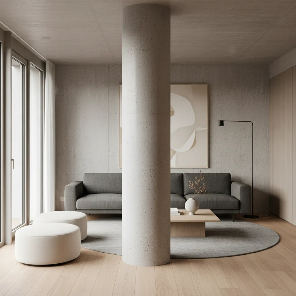 Columna redonda en medio de un salón moderno antes de ser decorada