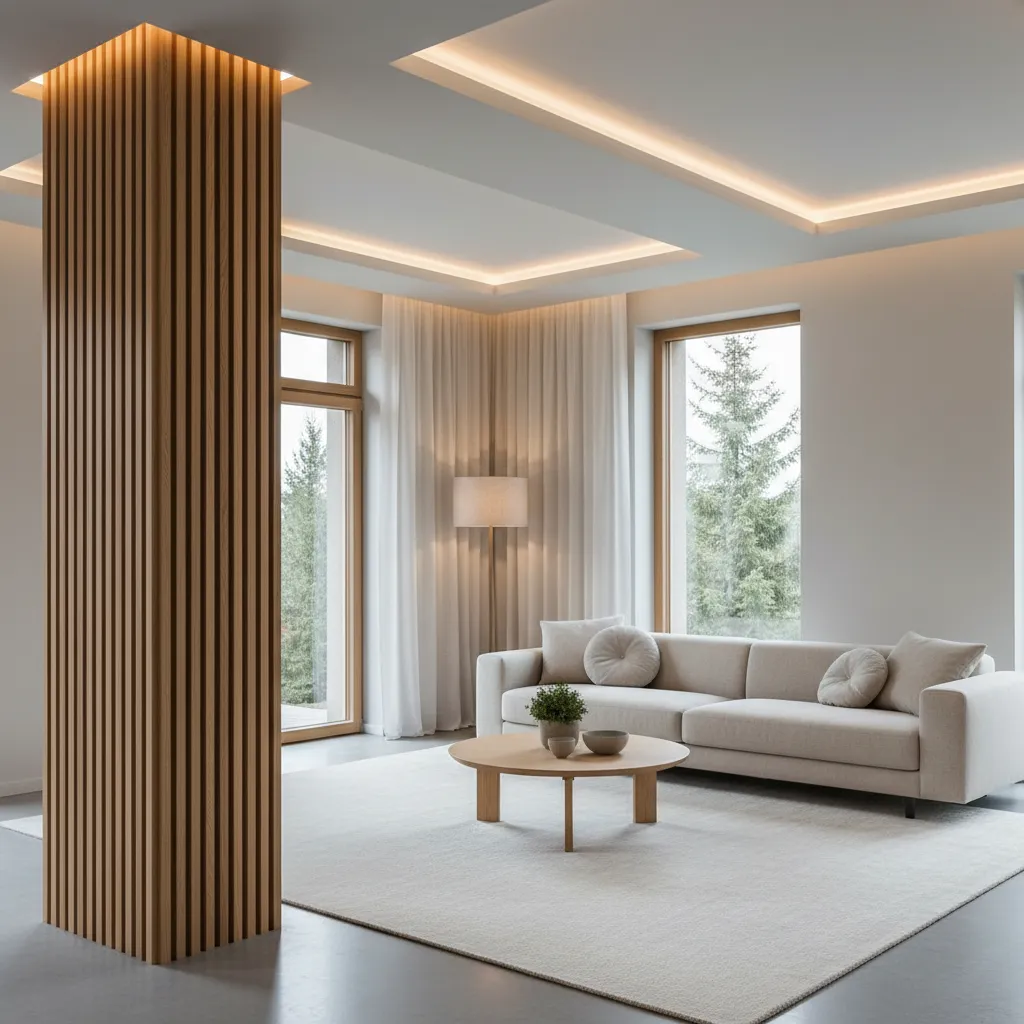 Columna revestida con listones de madera decorativos