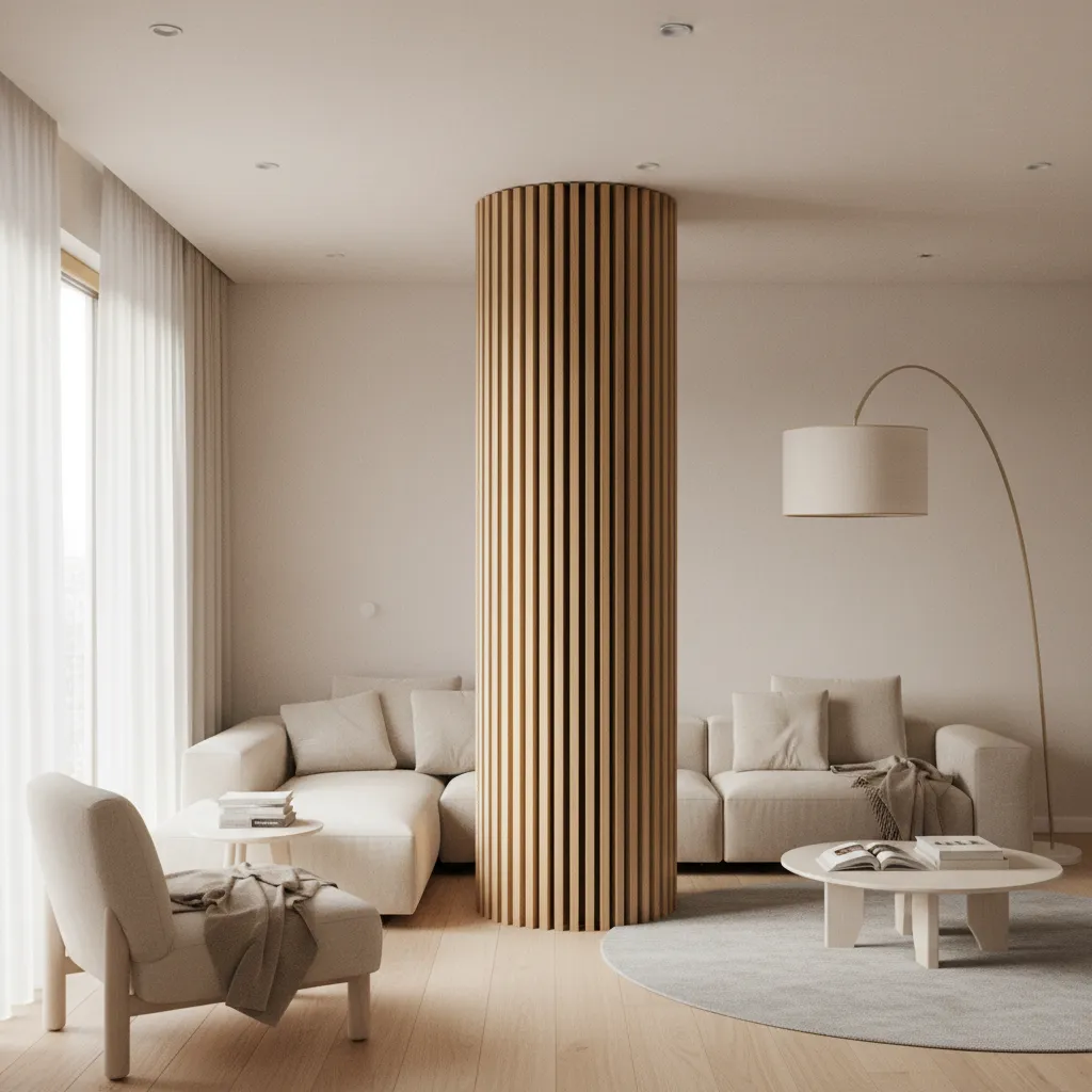 Columna redonda revestida con listones verticales de madera en un salón moderno