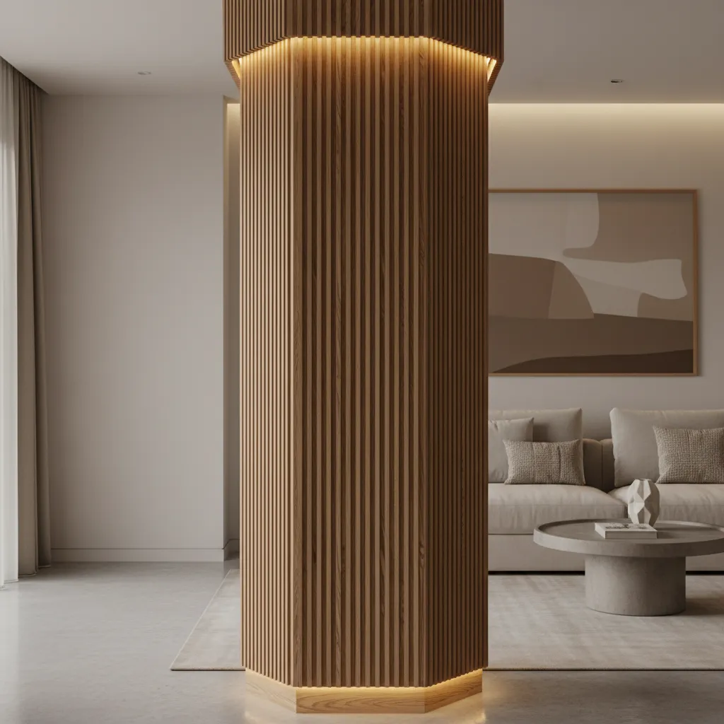 Columna interior revestida con paneles de madera decorativos