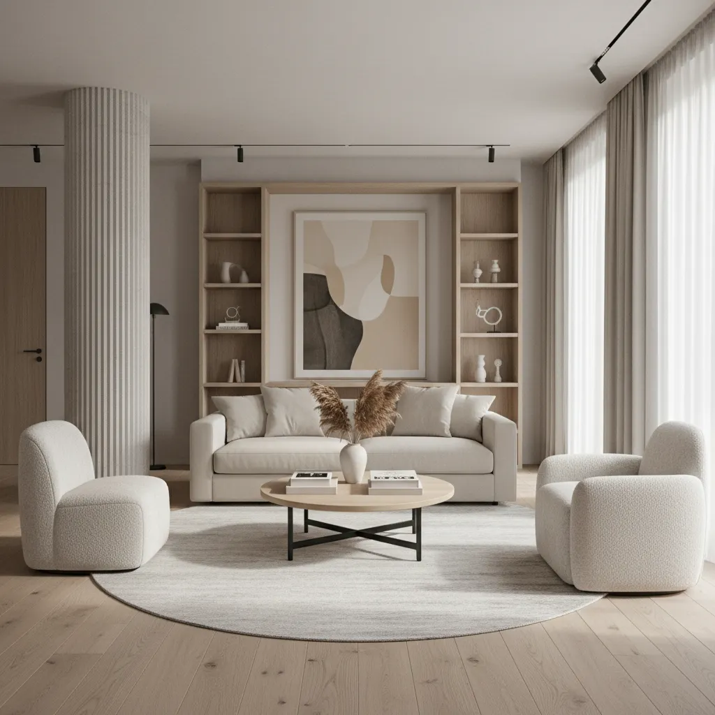 Columna estructural integrada en el diseño de un salón contemporáneo