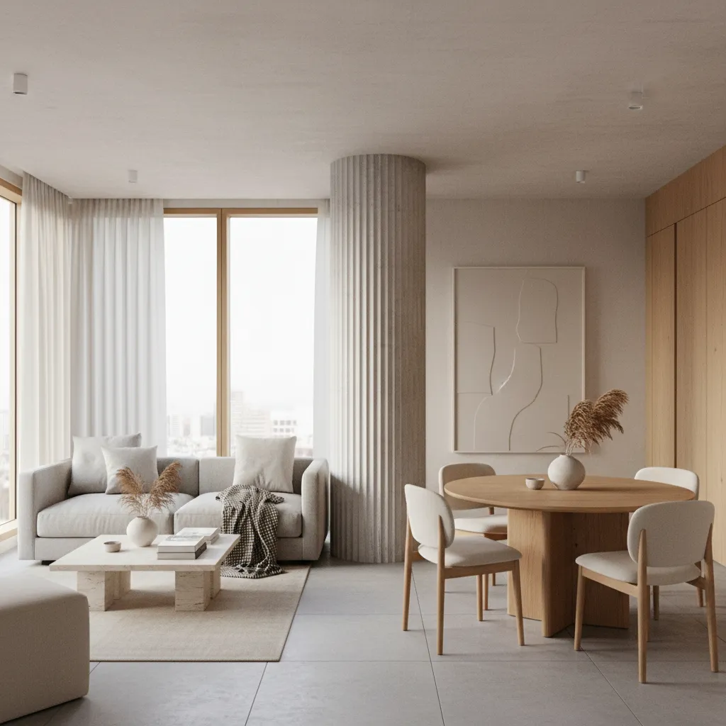 Columna estructural situada en medio de un salón moderno