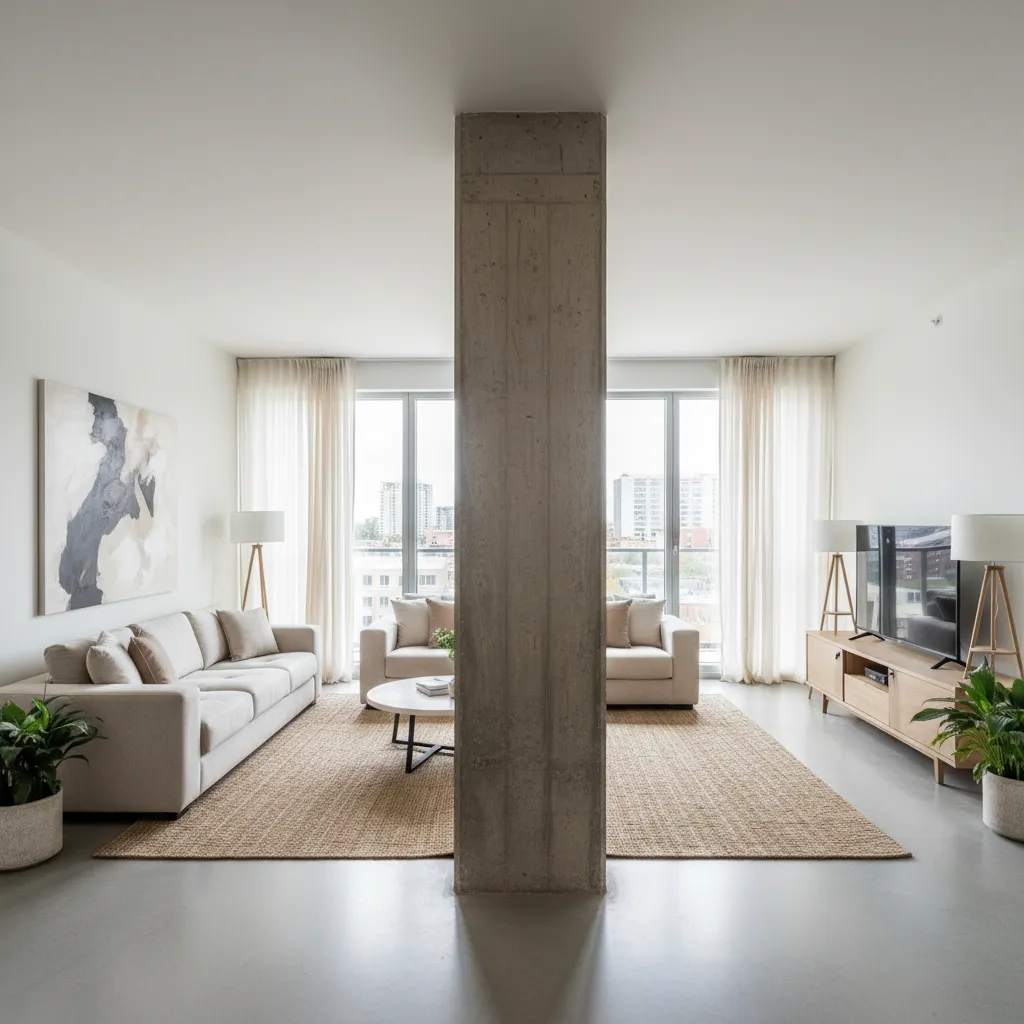Modern living room with concrete pillar beige sofa wooden TV stand plants and large windows