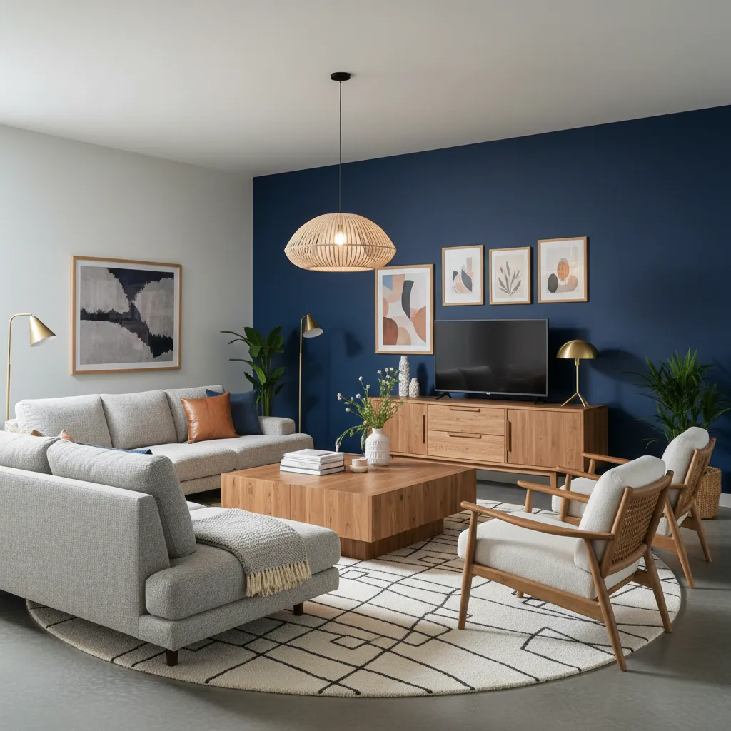 Interior con paredes azul oscuro y muebles de madera natural