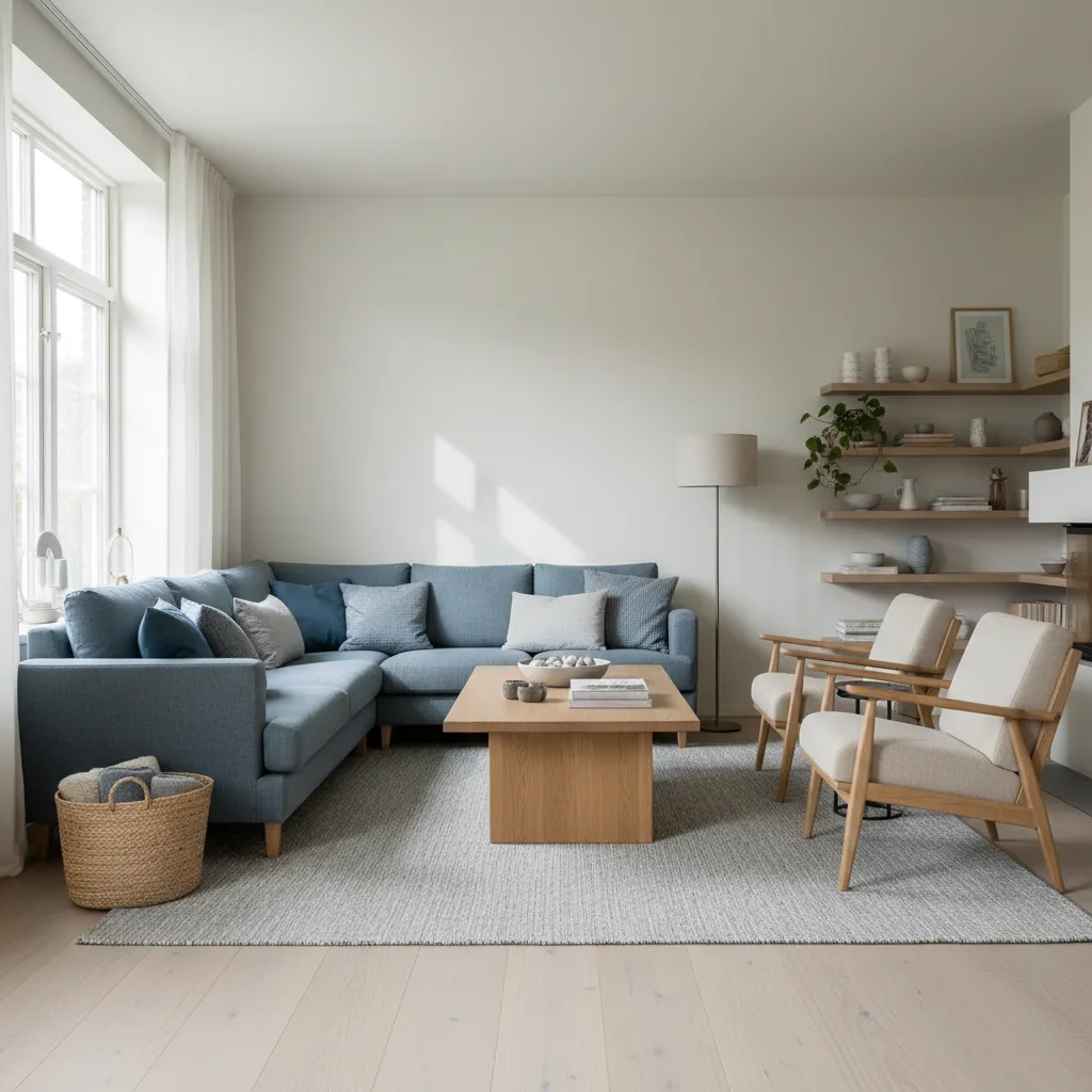 Modern living room with blue sofa wooden coffee table grey rug and two wooden chairs
