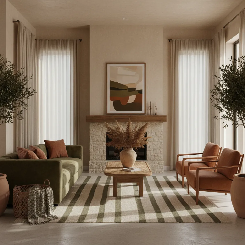 Interior con combinación de beige, verde oliva y detalles terracota