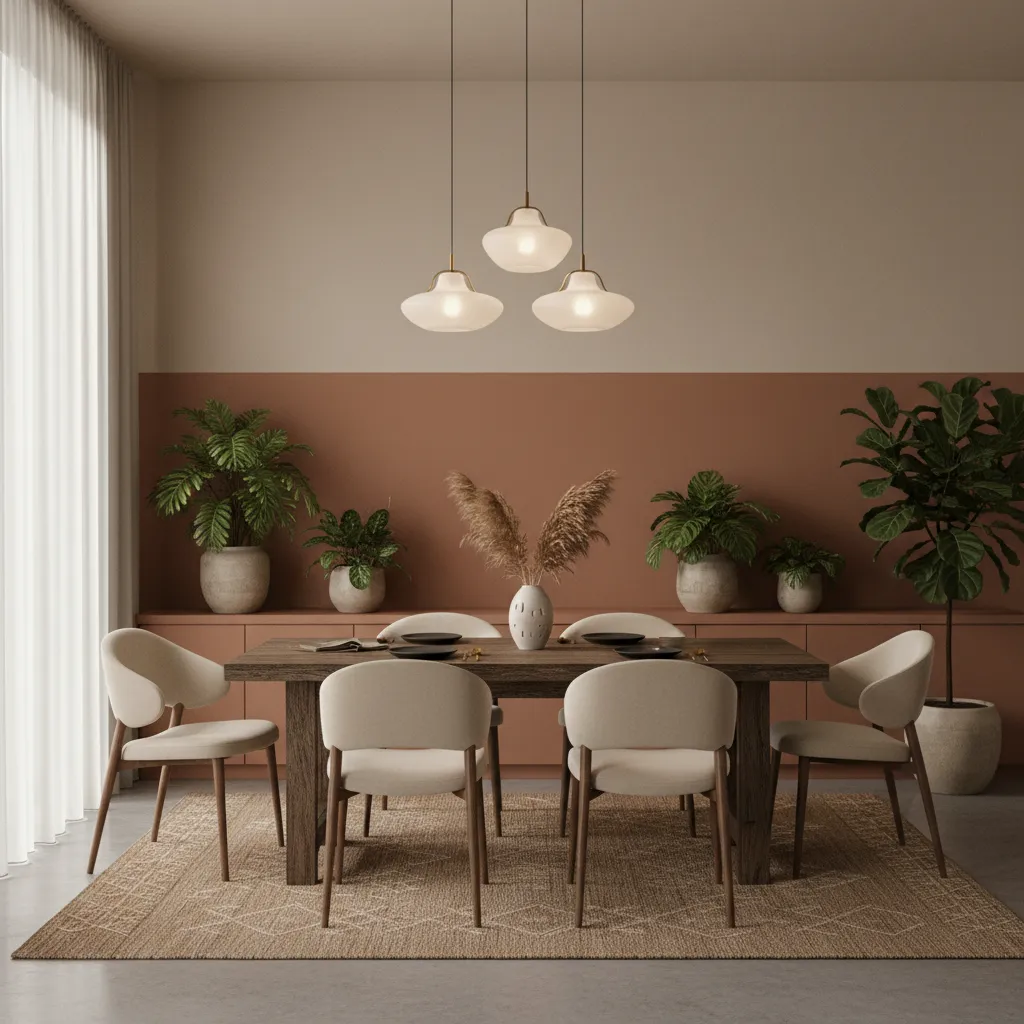 Modern dining room with wooden table, white chairs, terracotta wall, green plants, and ceiling lights