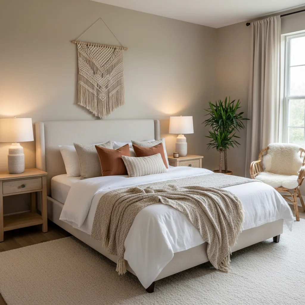 Dormitorio moderno con combinación equilibrada de colores neutros