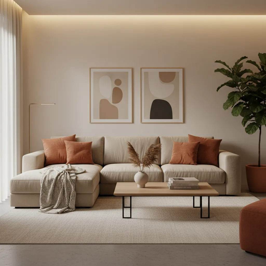 Salón contemporáneo con combinación de colores neutros y acentos
