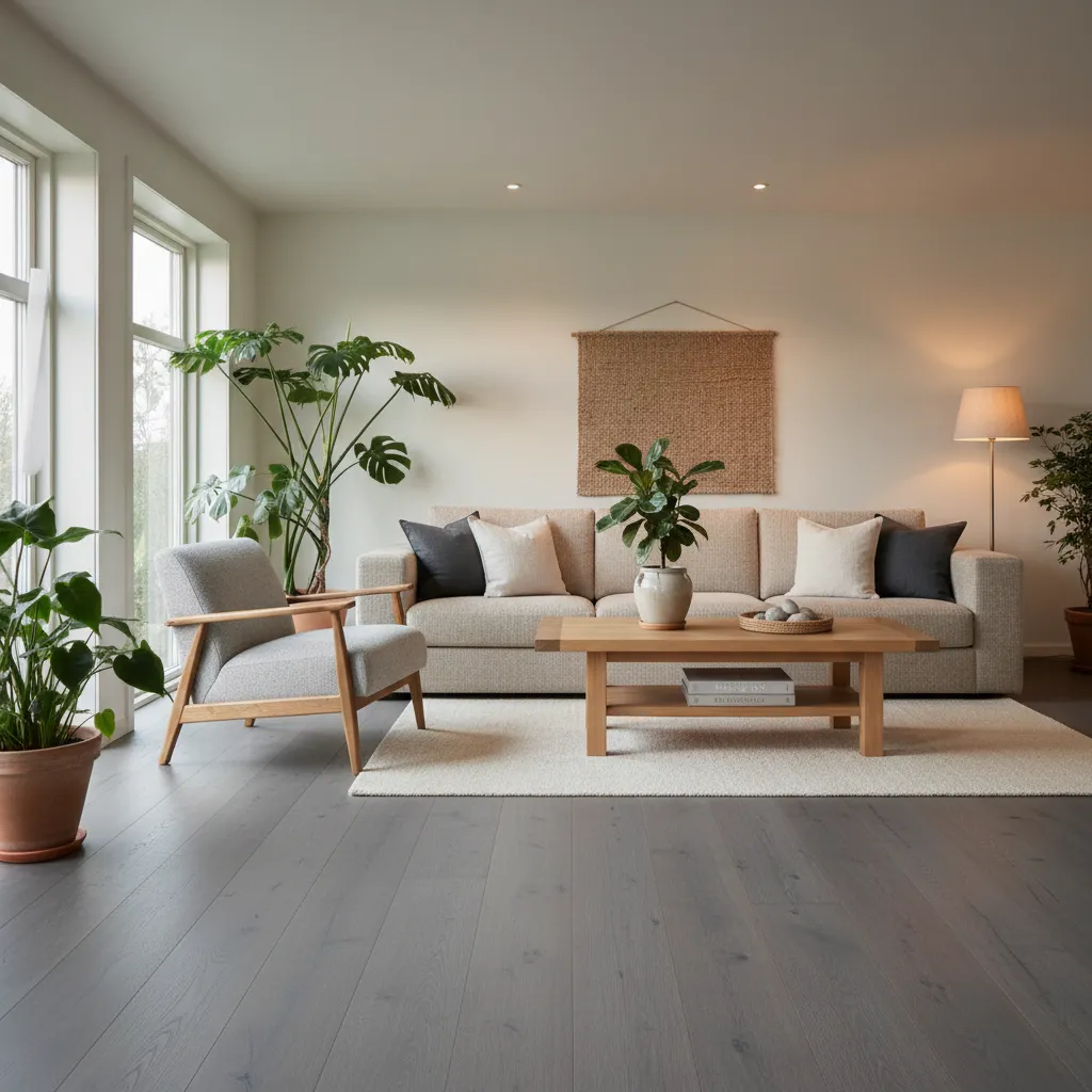 Sala con piso gris combinada con muebles de madera natural