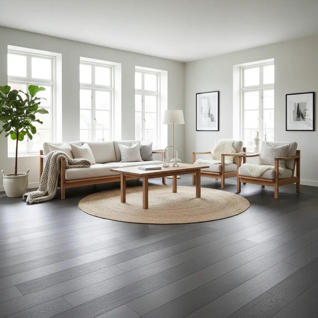 Combinación de suelo gris oscuro con muebles de madera clara
