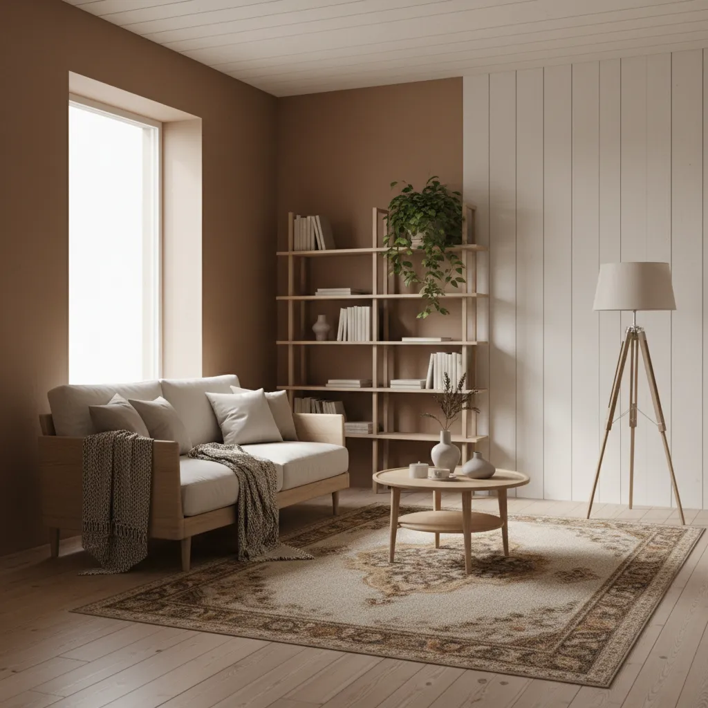 Interior con combinación de paredes marrón y blanco roto