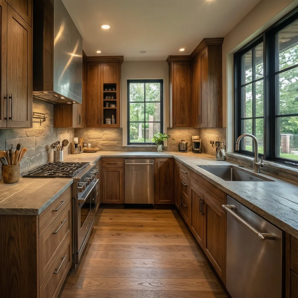 Cocina moderna con madera, piedra y metal