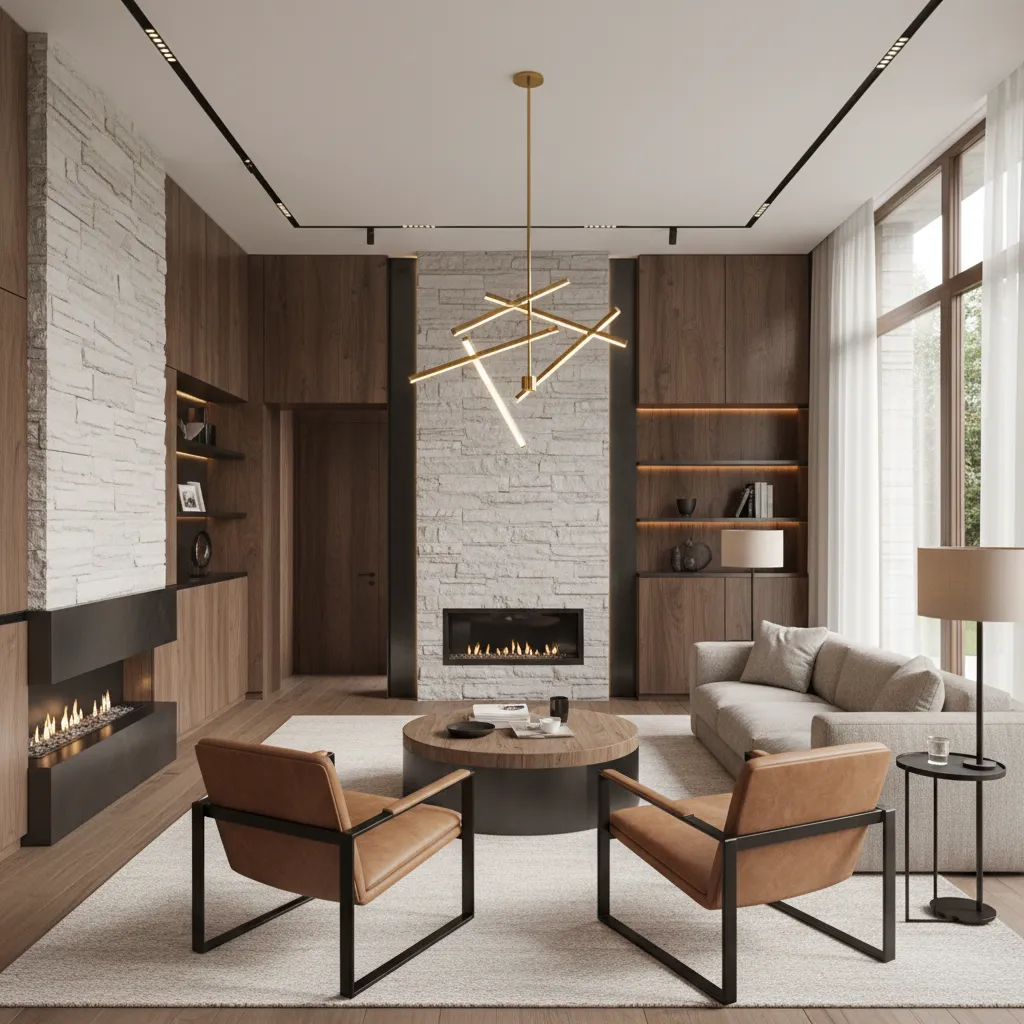 Salón moderno combinando madera, piedra y metal