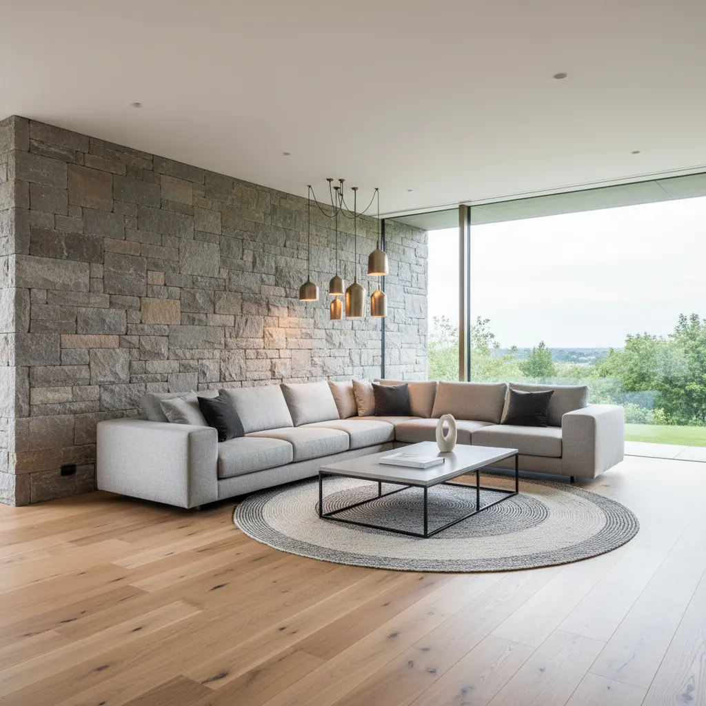 Salón moderno con combinación equilibrada de materiales