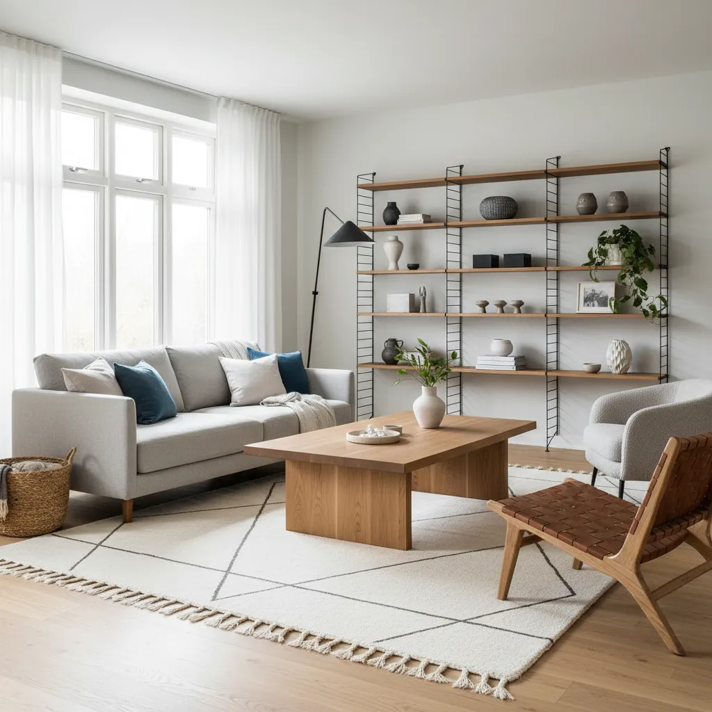 Modern living room with grey sofa wooden coffee table large shelving unit and white carpet