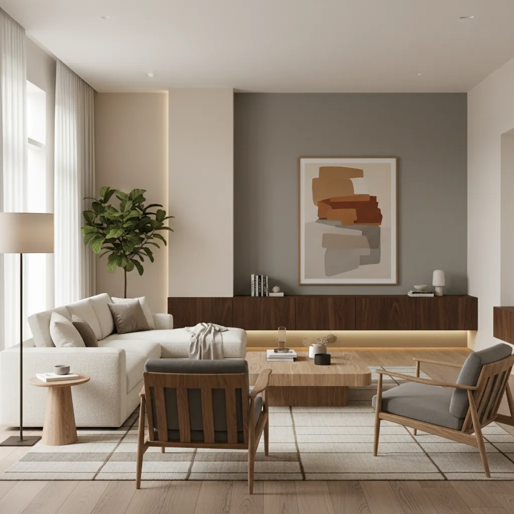 Interior moderno donde los colores de las paredes combinan con muebles y materiales