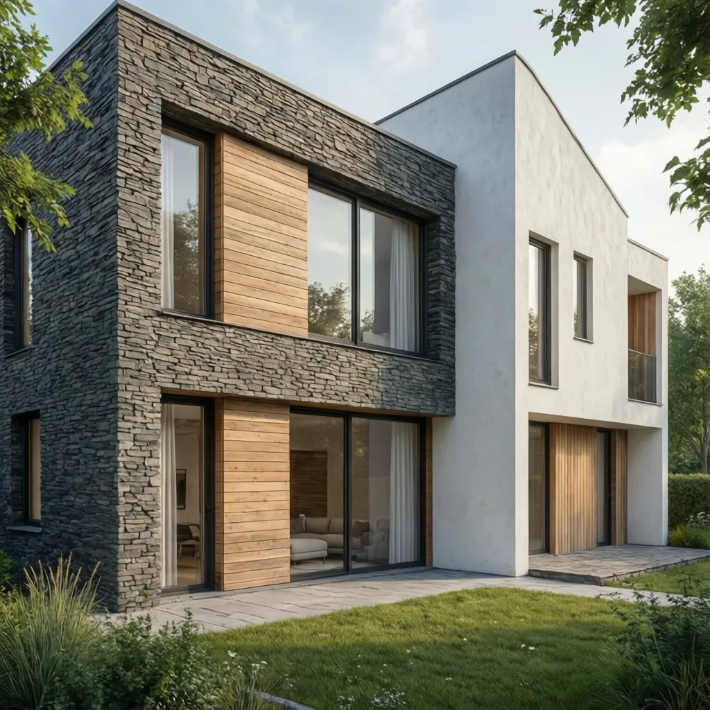 Fachada moderna combinando piedra laja y paneles de madera