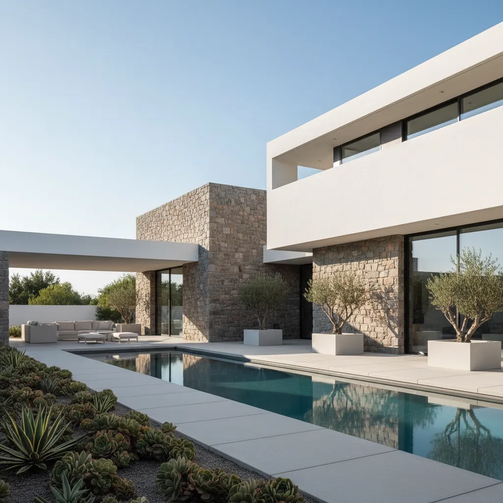 Casa contemporánea combinando piedra natural y paredes blancas