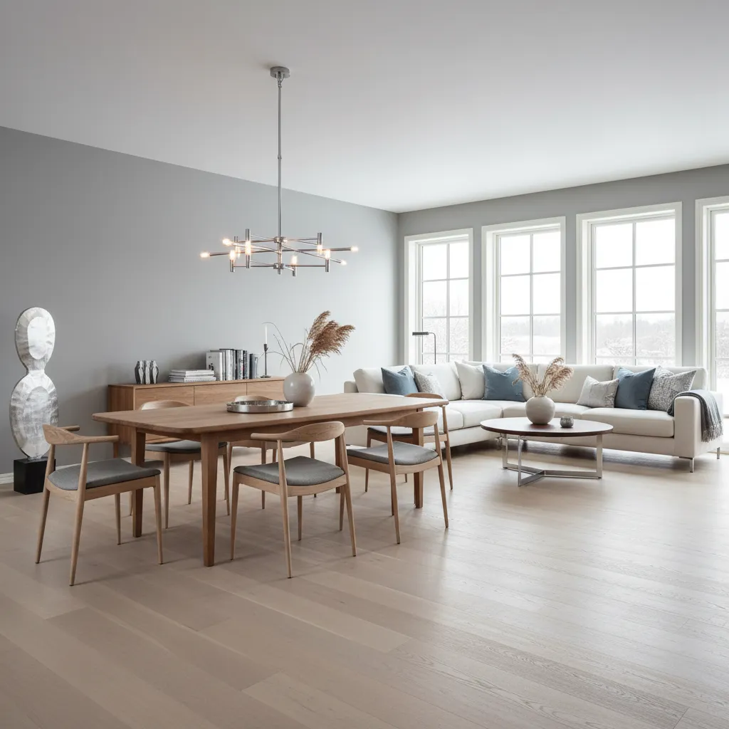 Interior moderno combinando madera natural con detalles plateados