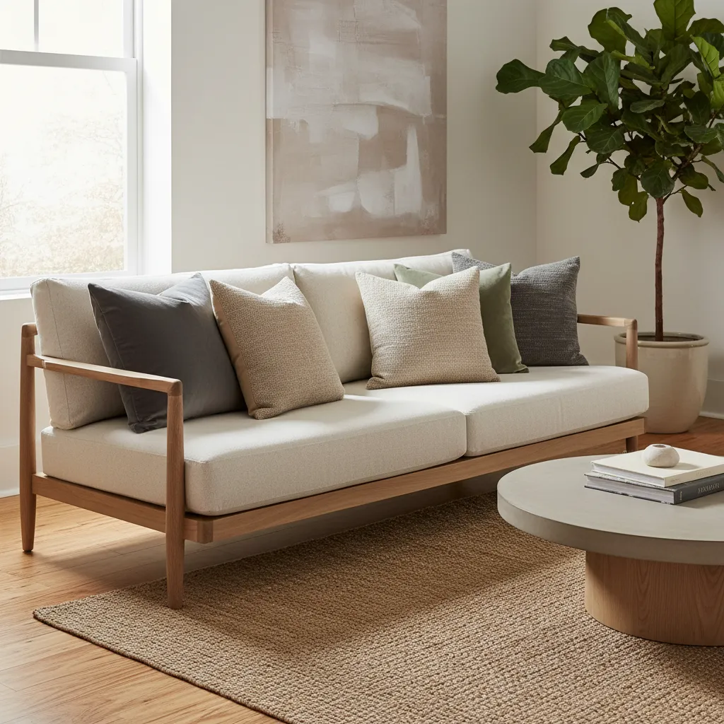 Salón moderno con cojines de diferentes telas combinadas