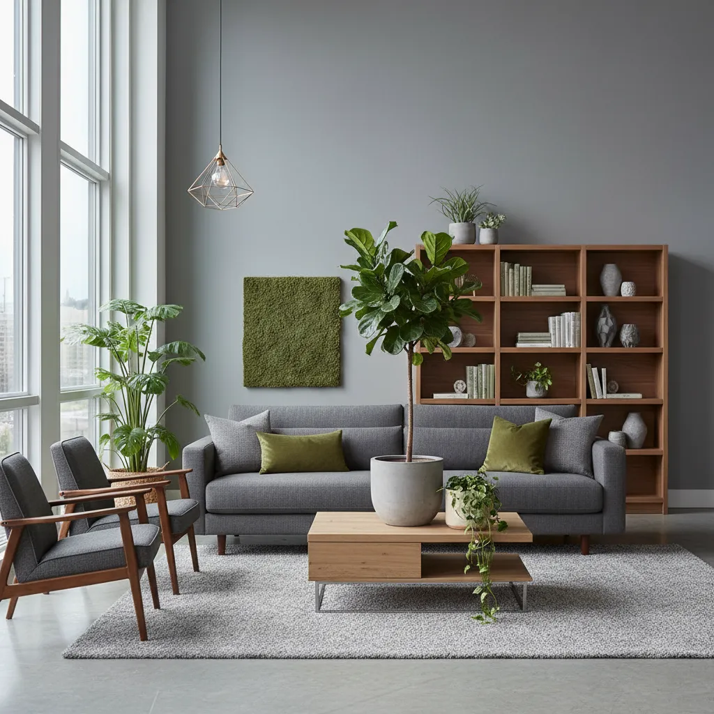 Grey living room with sofa, green pillows, wood coffee table, tall plant, and large shelf