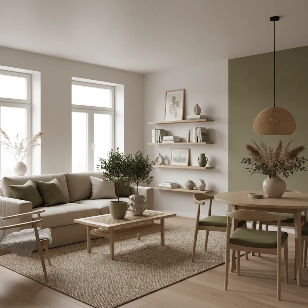 Interior moderno con combinación de madera clara, beige y verde oliva