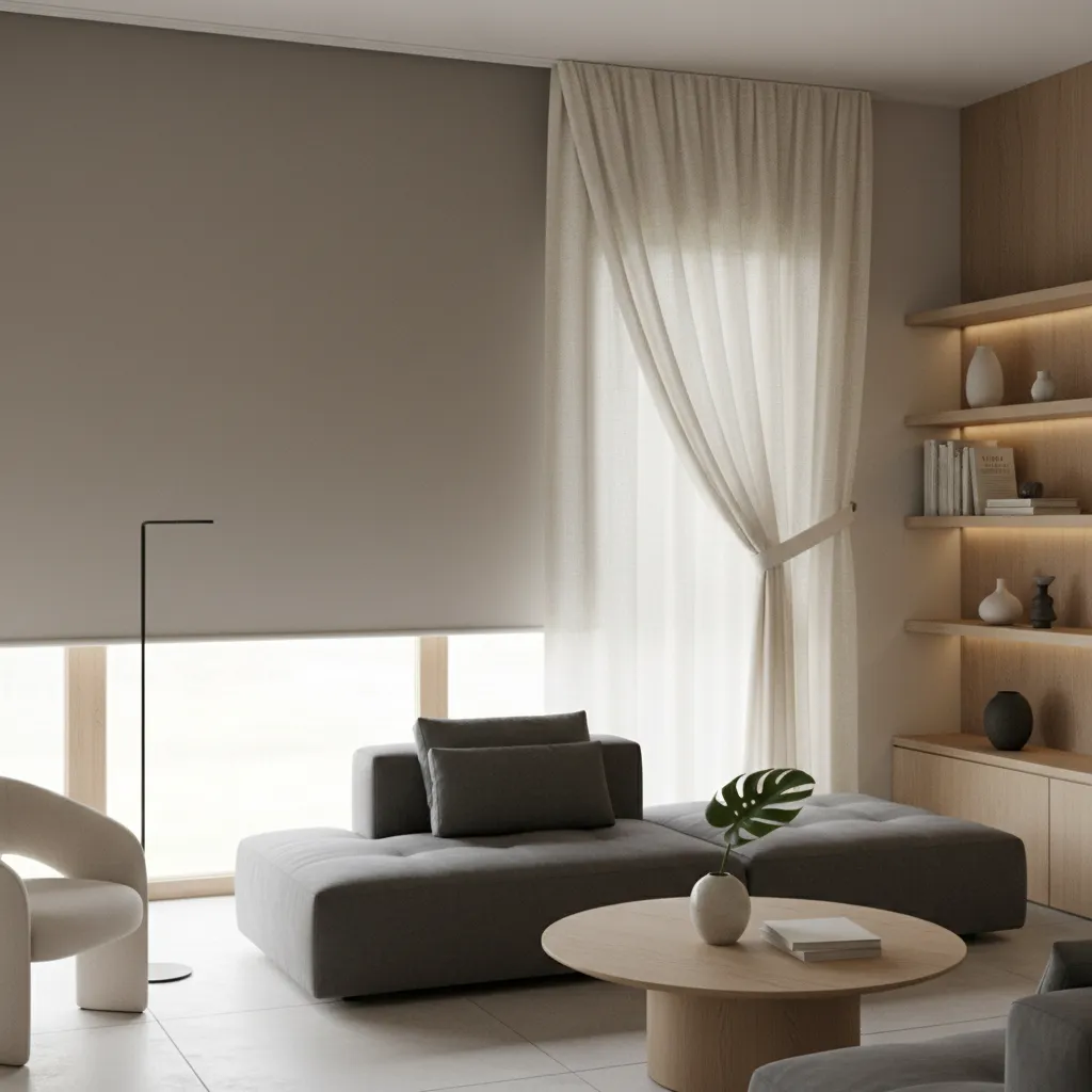 Ventana con combinación de persiana enrollable y cortina ligera