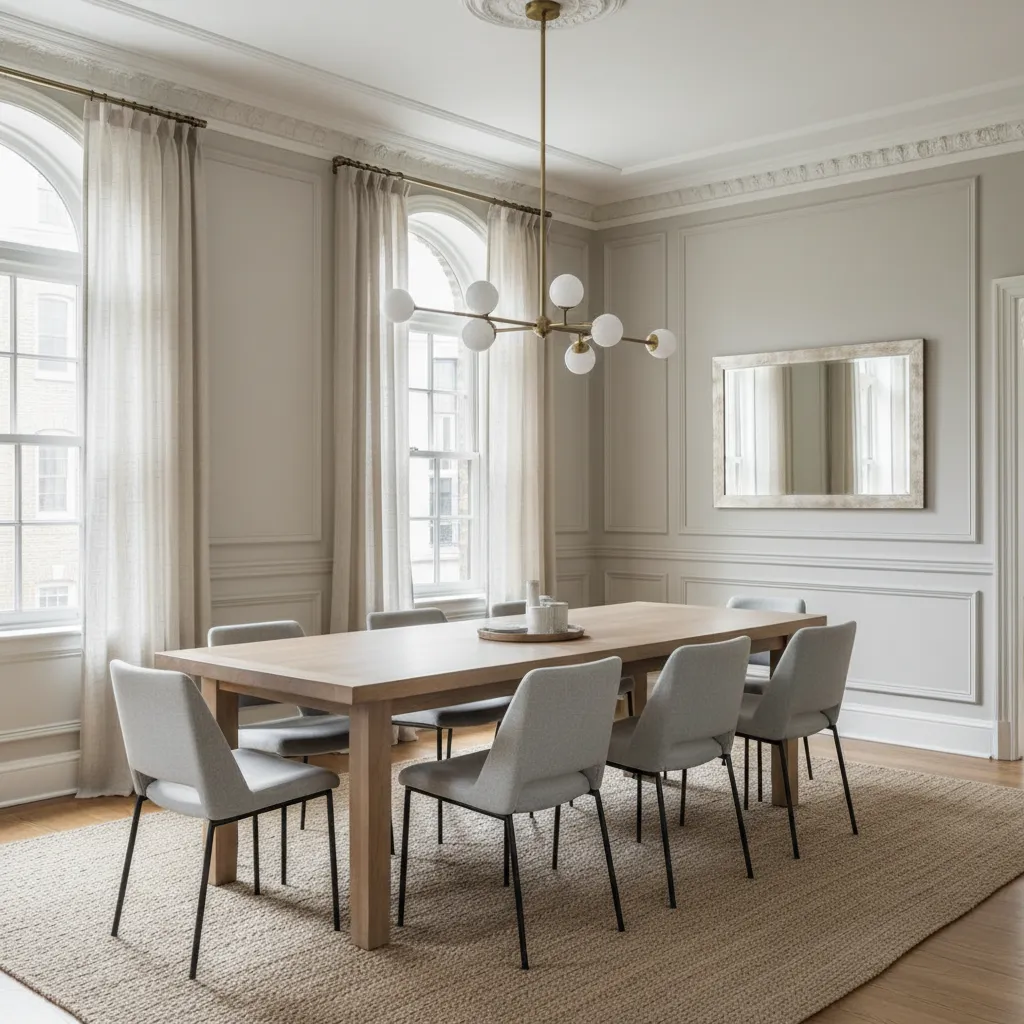 Comedor que combina arquitectura clásica con muebles contemporáneos