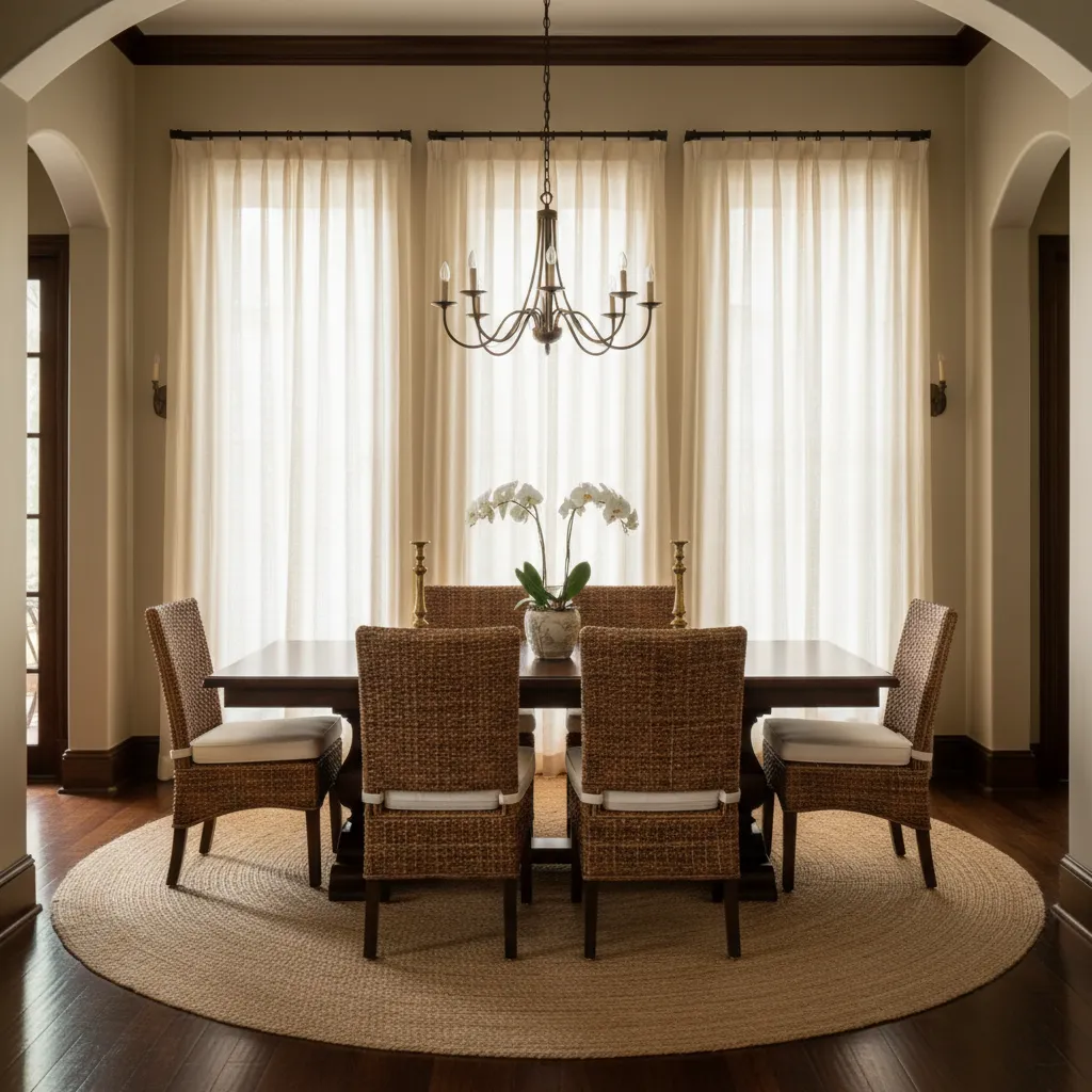 Comedor de estilo colonial con mesa robusta y sillas de ratán